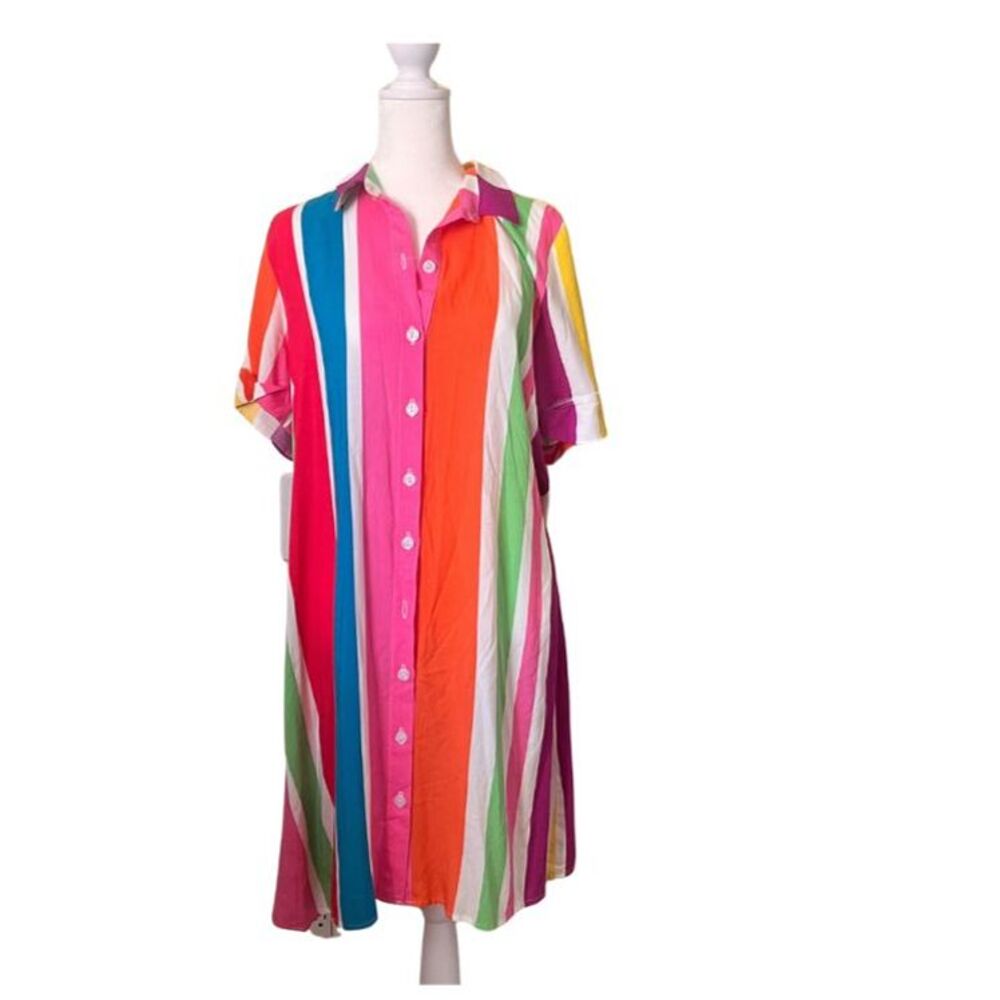 Everlily Multicolored Broad stripe Button Up Short Sleeve Shirt Dress MEDIUM